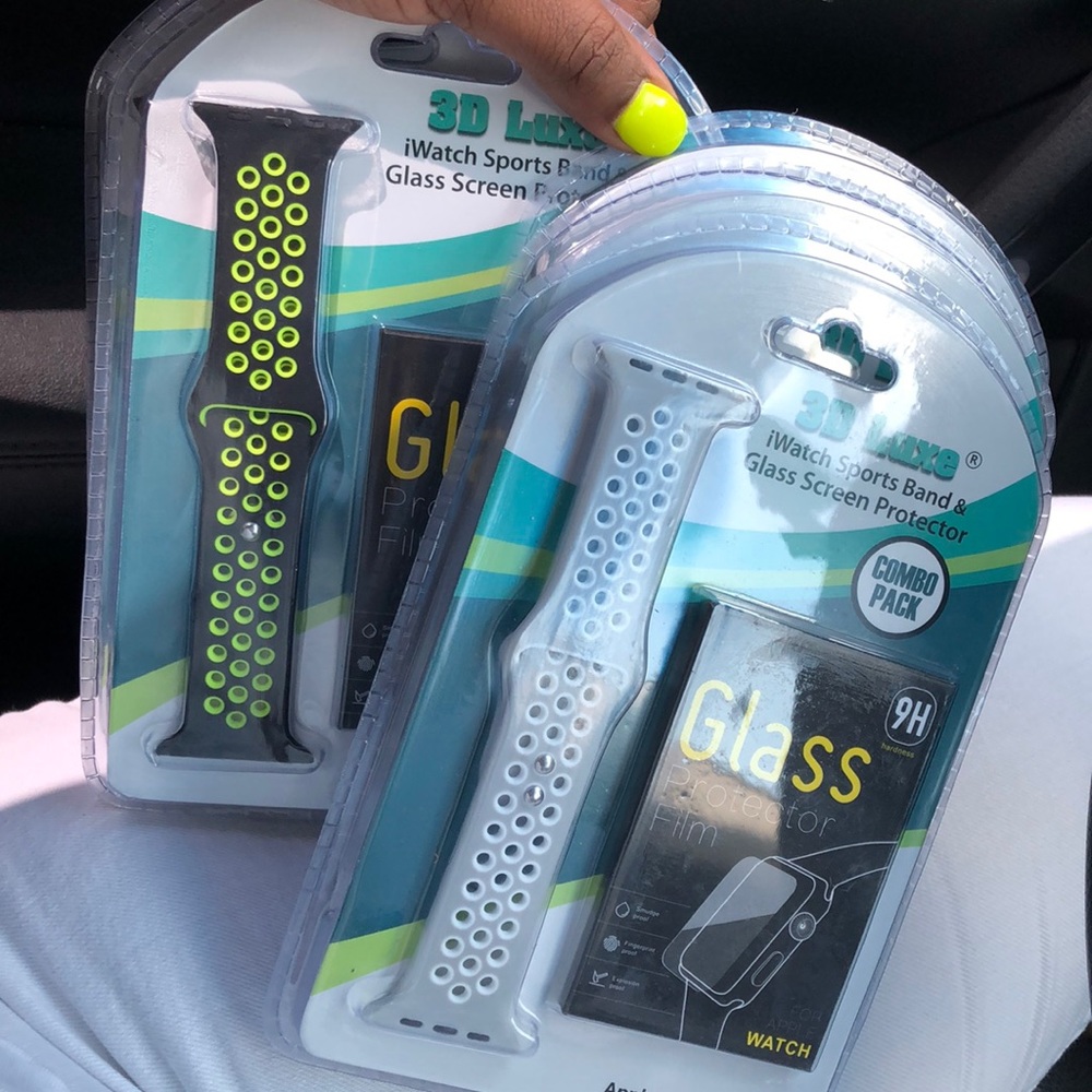 6 Iwatch sports bands and glass screen protectors.